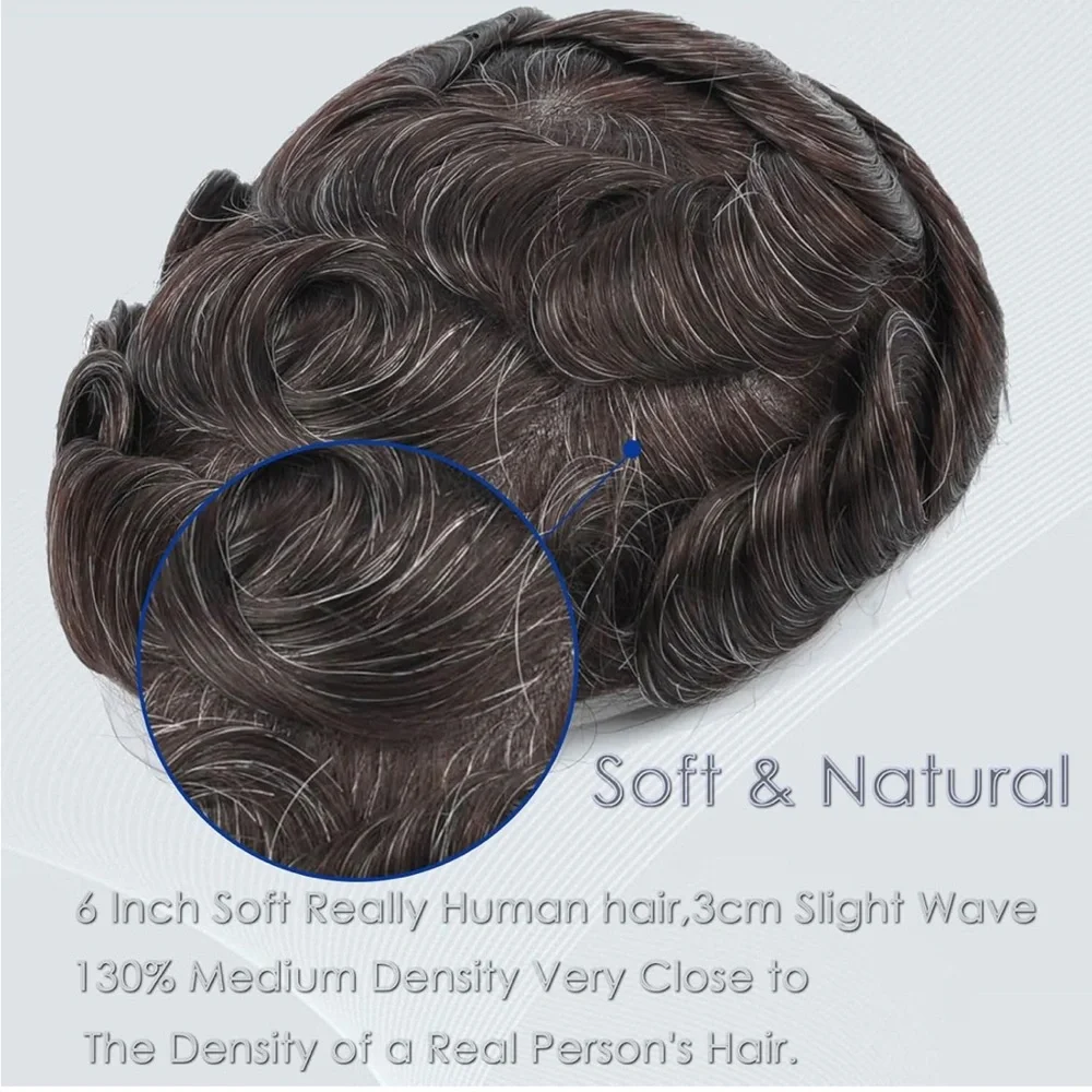 Dark Brown with Gray Human Hair Wavy 8x10 Inch Toupee Hair System